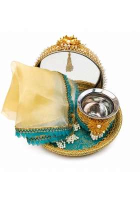 Karva Chauth Thali Karwa Chauth Platter Set Teal Blue 11 Inch