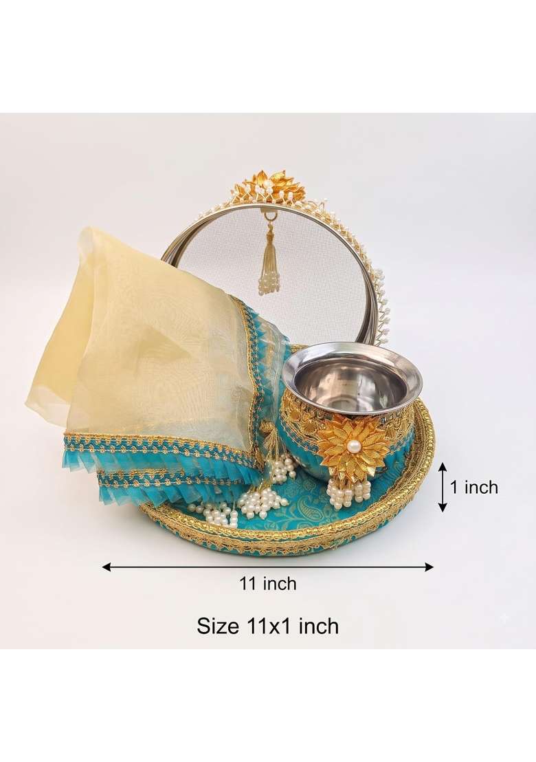 Karva Chauth Thali Karwa Chauth Platter Set Teal Blue 11 Inch - Indya