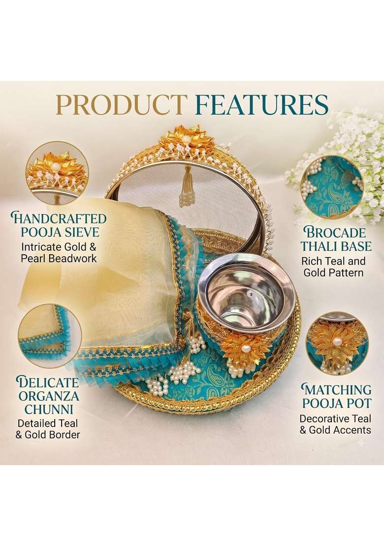 Karva Chauth Thali Karwa Chauth Platter Set Teal Blue 11 Inch - Indya