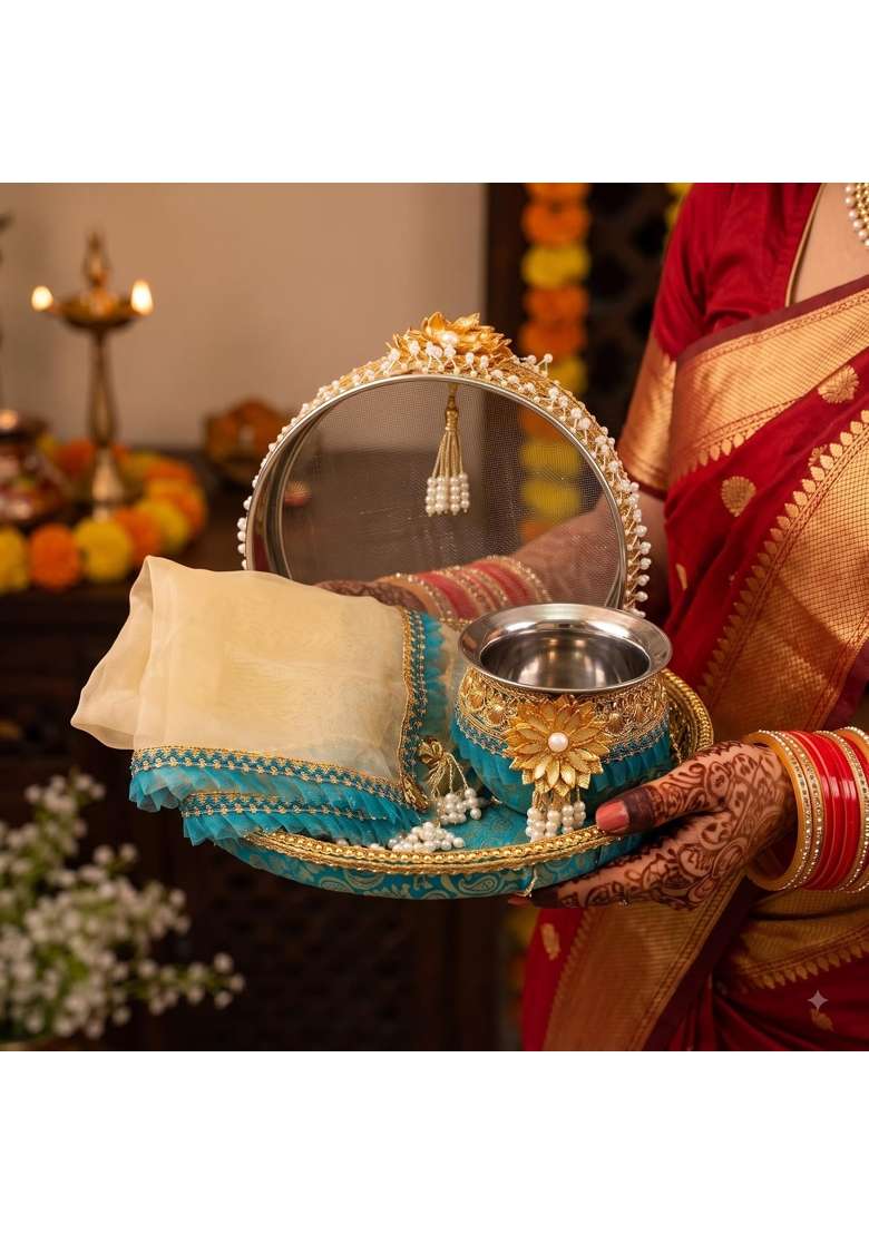 Karva Chauth Thali Karwa Chauth Platter Set Teal Blue 11 Inch - Indya