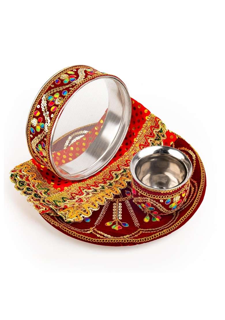 Tarini Gallery Handcrafted Karwa Chauth Thali Set with Bowls Diya and Kalash Decorated Steel Plate Platter - Indya