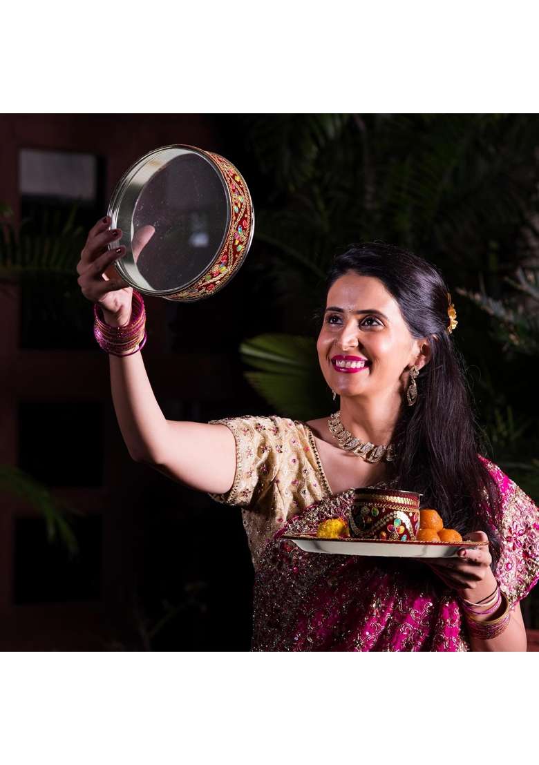 Tarini Gallery Handcrafted Karwa Chauth Thali Set with Bowls Diya and Kalash Decorated Steel Plate Platter - Indya