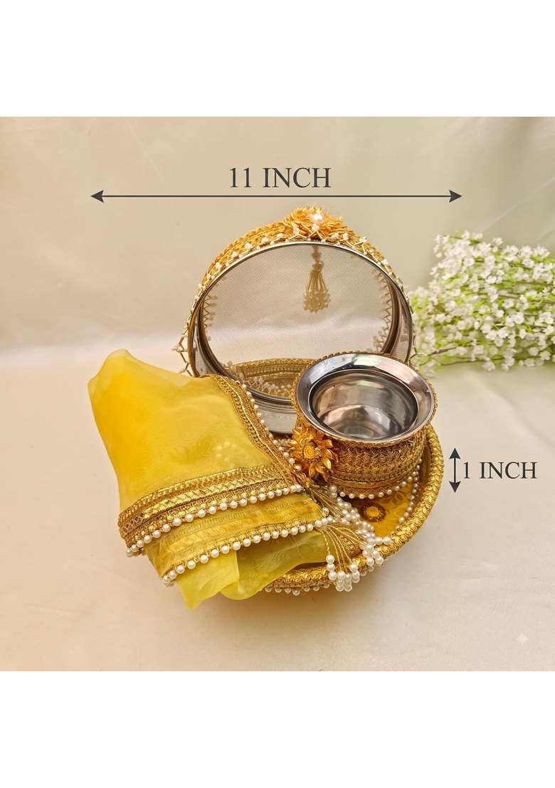 Karva Chauth Thali Karwa Chauth Platter Set Yellow 11 Inch - Indya