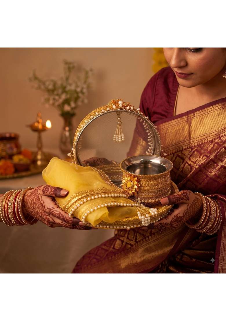 Karva Chauth Thali Karwa Chauth Platter Set Yellow 11 Inch - Indya