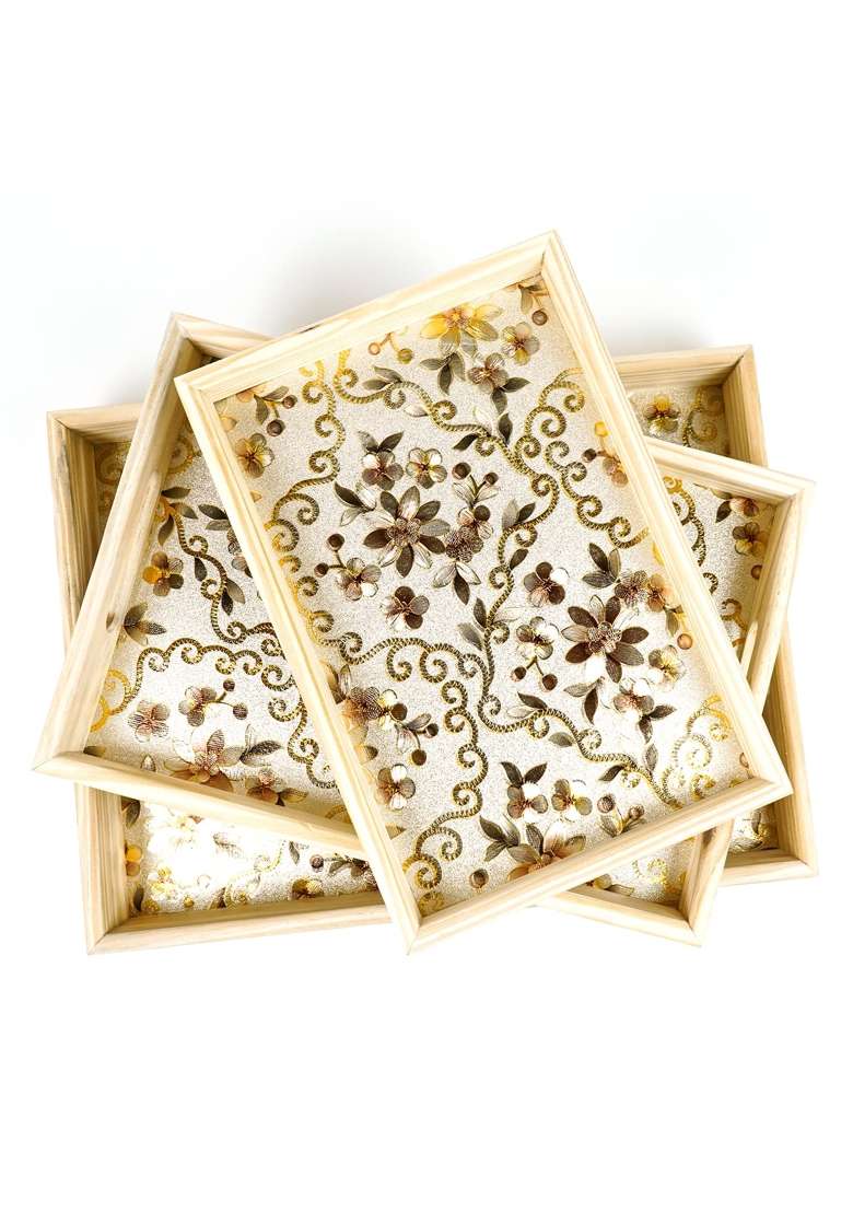 ADA Handicraft Premium Pine Wood Serving Tray Flora Print Design Food Serving Platters Pack of 3 - Indya