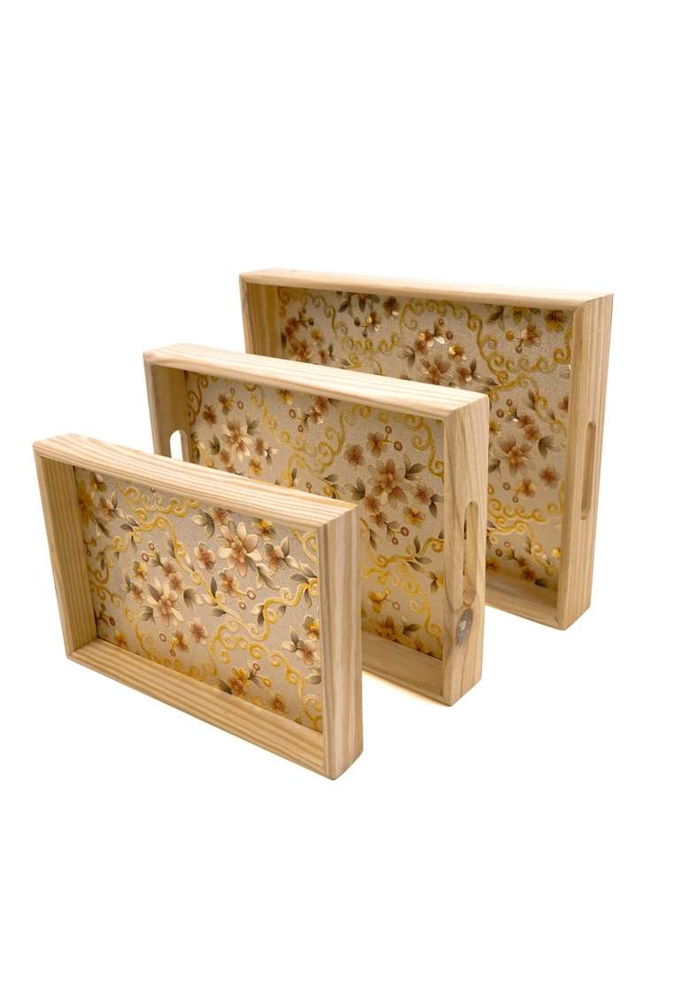 ADA Handicraft Premium Pine Wood Serving Tray Flora Print Design Food Serving Platters Pack of 3 - Indya