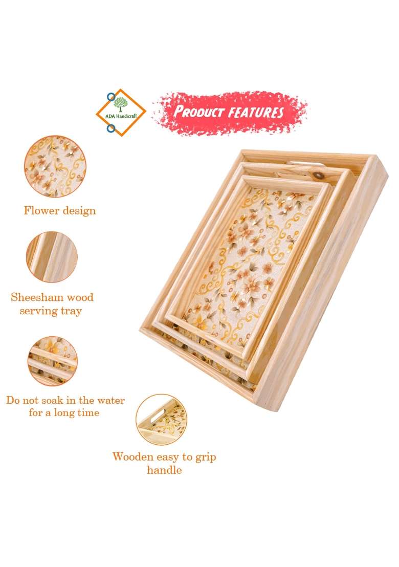 ADA Handicraft Premium Pine Wood Serving Tray Flora Print Design Food Serving Platters Pack of 3 - Indya