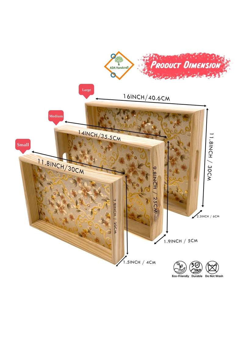 ADA Handicraft Premium Pine Wood Serving Tray Flora Print Design Food Serving Platters Pack of 3 - Indya