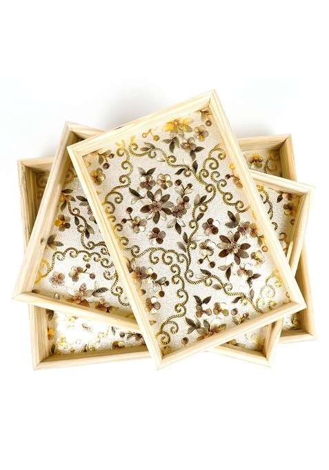 ADA Handicraft Premium Pine Wood Serving Tray Flora Print Design Food Serving Platters Pack of 3