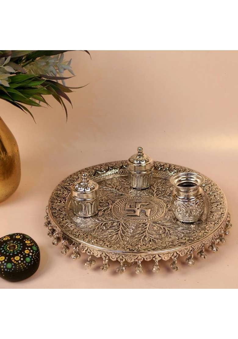 Kalico Silver Plated Pooja Thali Set 11 Inches Traditional Worship Platter with Decorative Design - Indya
