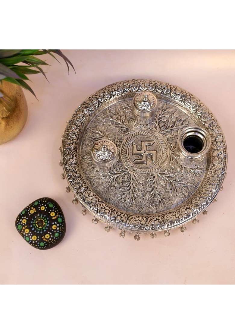Kalico Silver Plated Pooja Thali Set 11 Inches Traditional Worship Platter with Decorative Design - Indya