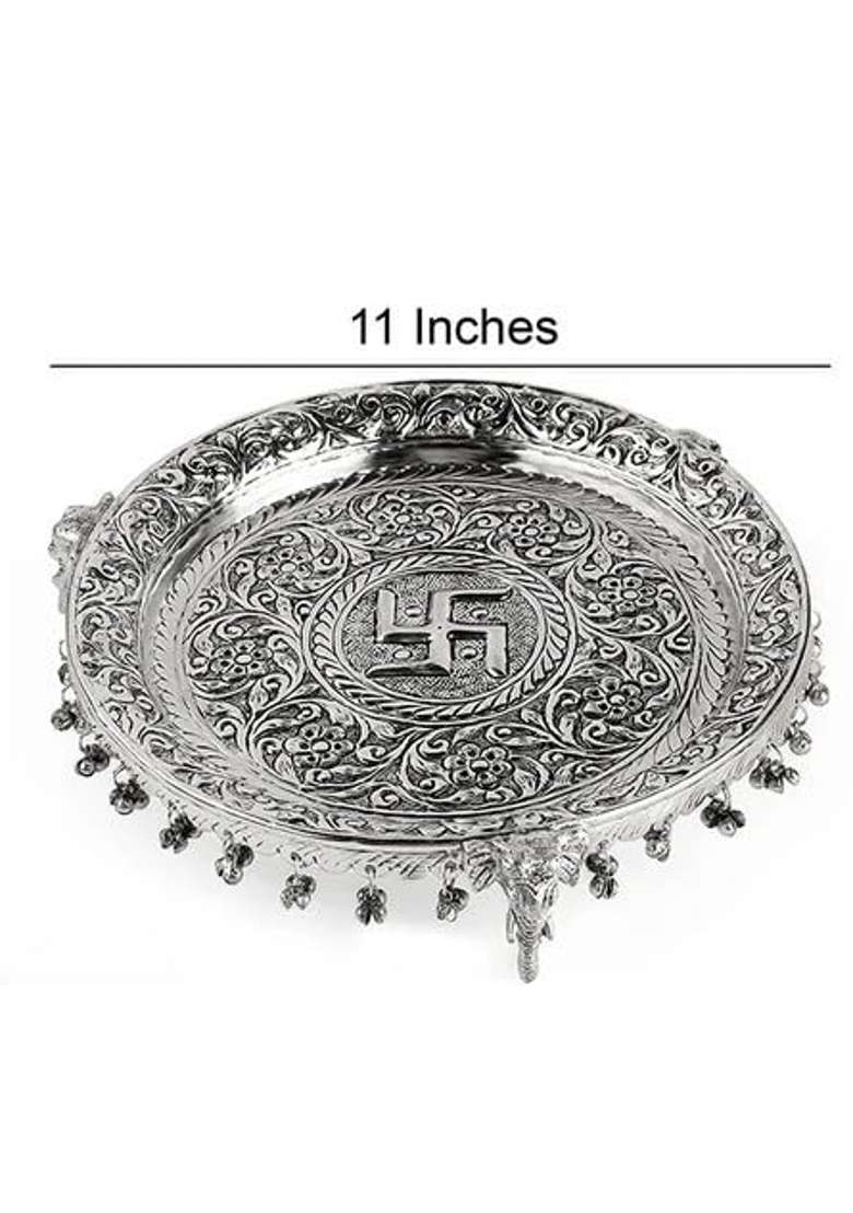 Kalico Silver Plated Pooja Thali Set 11 Inches Traditional Worship Platter with Decorative Design - Indya