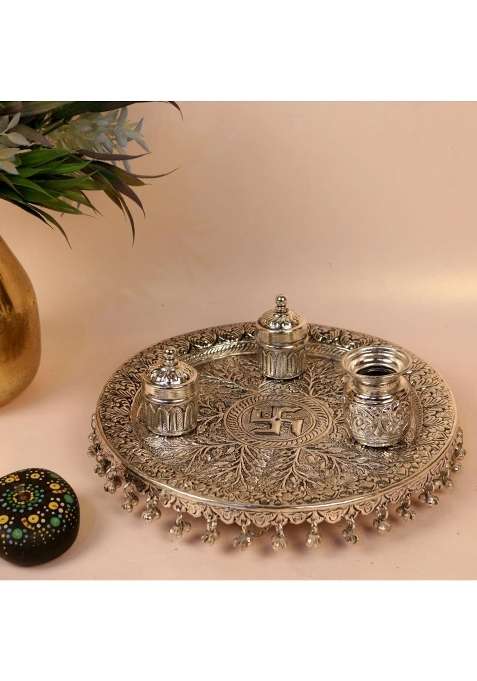 Kalico Silver Plated Pooja Thali Set 11 Inches Traditional Worship Platter with Decorative Design