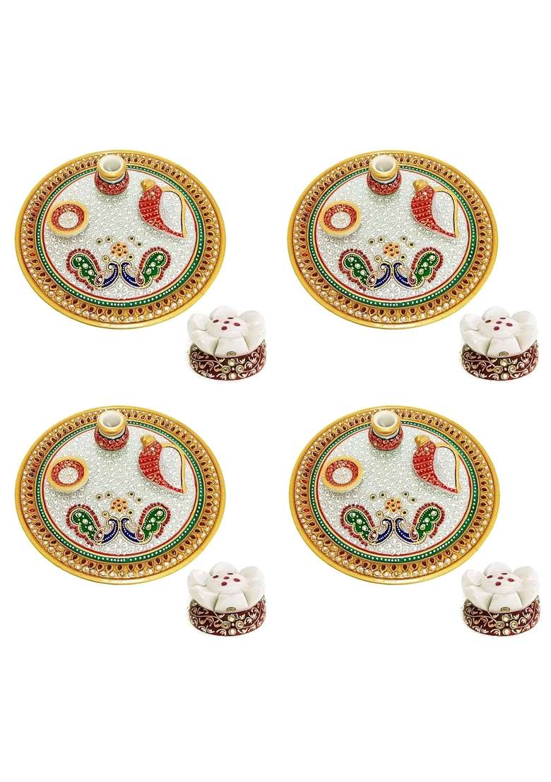 Handicraft Kingdom Marble Puja Thali Set for Home Temple Decorative Platter Set of 4 - Indya