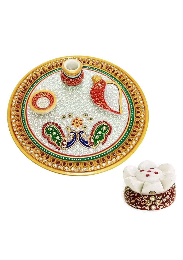Handicraft Kingdom Marble Puja Thali Set for Home Temple Decorative Platter Set of 4 - Indya
