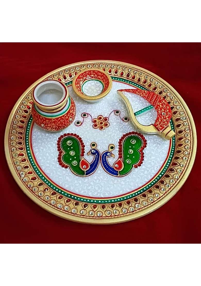 Handicraft Kingdom Marble Puja Thali Set for Home Temple Decorative Platter Set of 4 - Indya