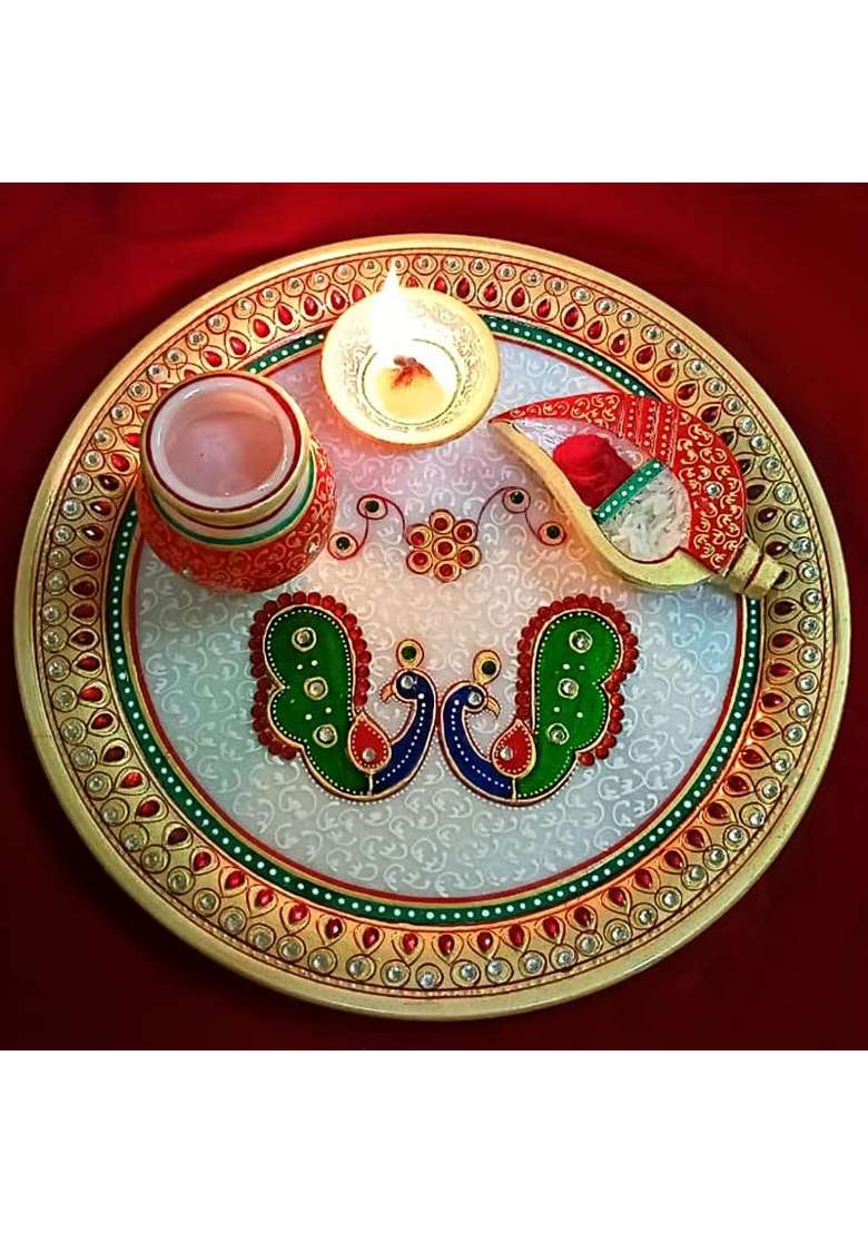 Handicraft Kingdom Marble Puja Thali Set for Home Temple Decorative Platter Set of 4 - Indya