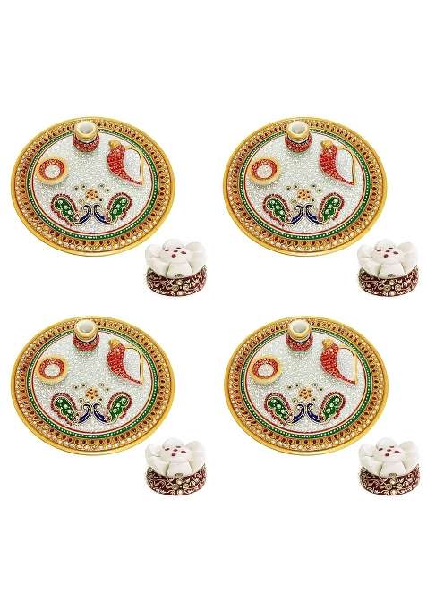 Handicraft Kingdom Marble Puja Thali Set for Home Temple Decorative Platter Set of 4