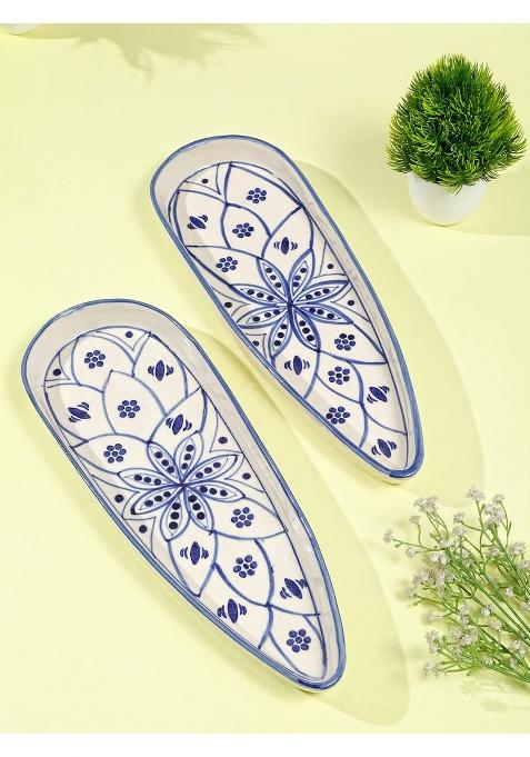 Shilpkara Moroccan Bloom Apetizer Chip N Dip Snacks Serving Ceramic Platter for Dining Table Set of 2