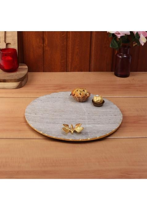 Nikkispride Marble Platter Round Shape Beige with Gold Foil Work and Gold Finish Metal Butterfly Embedded