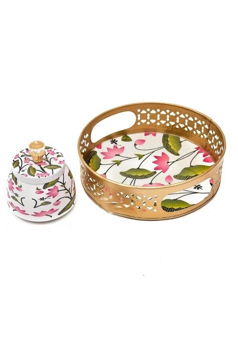 White Keshwam Enterprises Metal Pichwai Tray with Jar Raisin Work Tray with Handle and Matching Jar