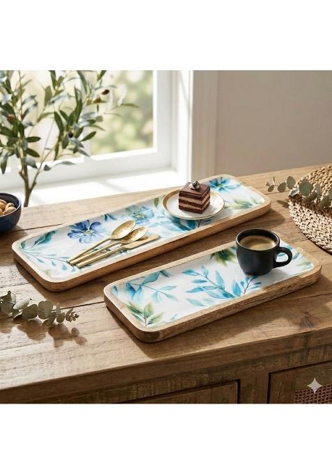 Saaga White and Aquamarine Mango Wood Serving Platter 17 X 5 and 12 X 5 Inch Handcrafted Rectangular Set of 2