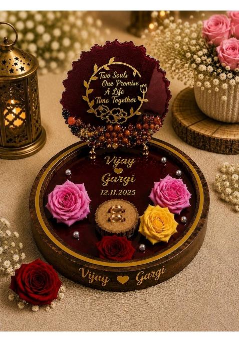 Custom Luxury Personalized Engagement Ring Platter Premium Wooden and Resin Ring Ceremony Tray with Couple