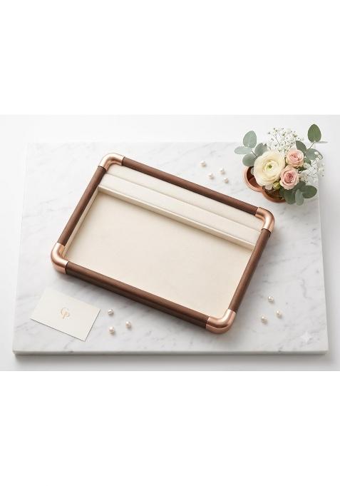 Door STEP Shopping Premium Wooden Velvet Jewelry Organizer Tray with Metal Frame Beige