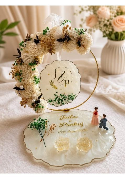 Shyama Craft White 10 Inch Customized Resin Engagement Ring Double Platter with 2 Ring Holder