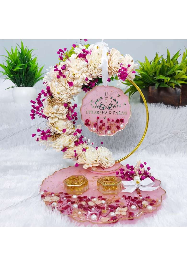 Penman Decor 8 Inch Resin Engagement Ring Platter with Detachable Handmade Decorative Tray for Roka Wedding - Indya