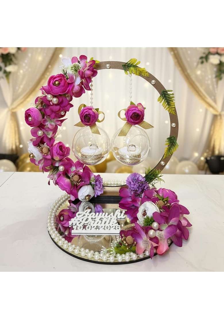 Mridang Luxury Floral Engagement Ring Platter with Hanging Glass Globes - Indya