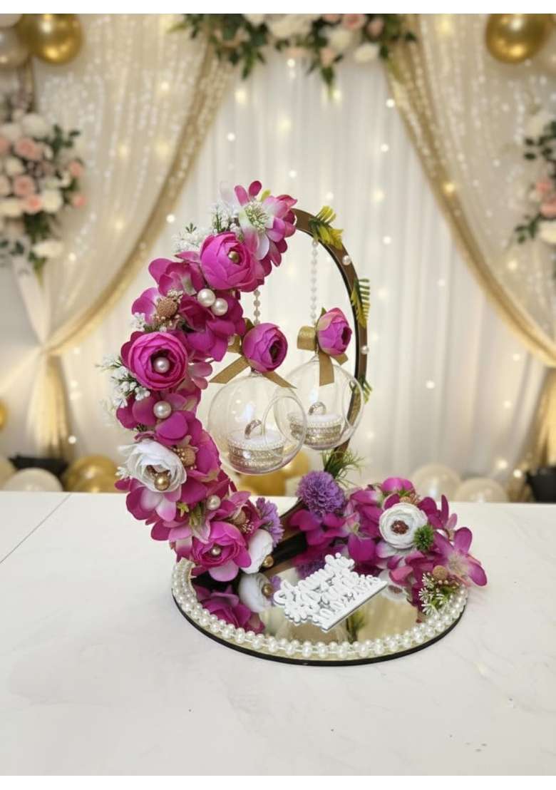 Mridang Luxury Floral Engagement Ring Platter with Hanging Glass Globes - Indya