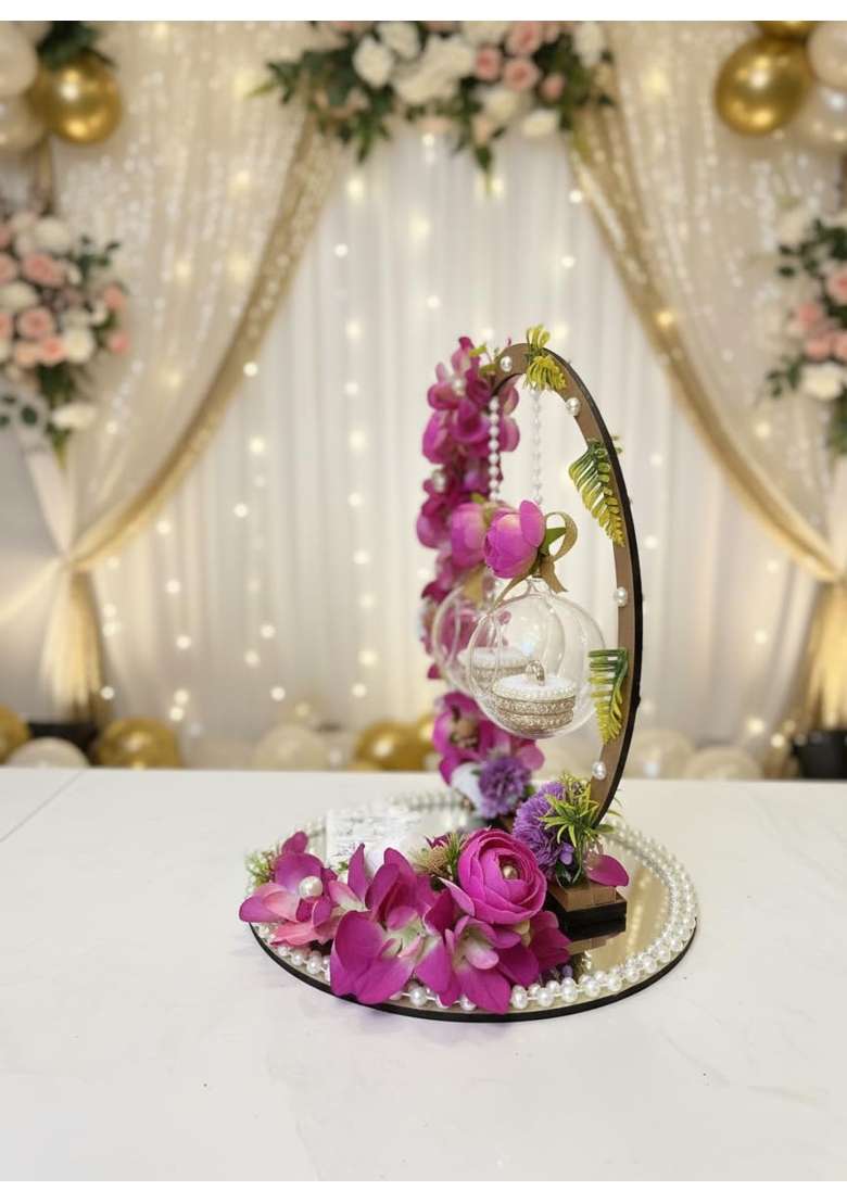Mridang Luxury Floral Engagement Ring Platter with Hanging Glass Globes - Indya