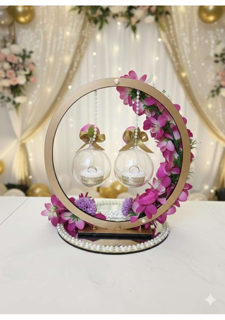 Mridang Luxury Floral Engagement Ring Platter with Hanging Glass Globes - Indya