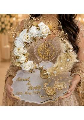 Giftsbouquet Multicolour Elegant Resin Ring Platter for Ring Ceremony Decorative Tray with Artificial Flowers
