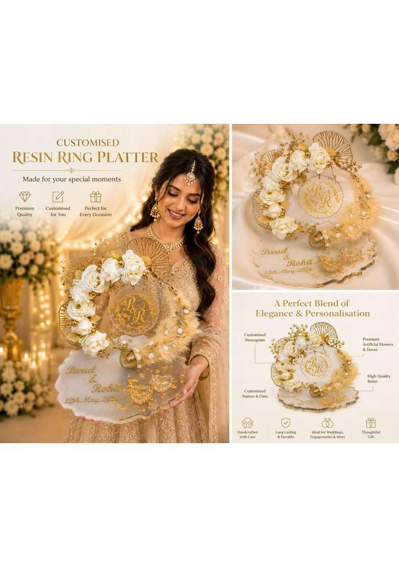 Giftsbouquet Multicolour Elegant Resin Ring Platter for Ring Ceremony Decorative Tray with Artificial Flowers - Indya