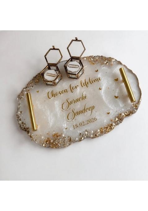 Prerna Creation Customized Oval Resin Engagement Platter with 2 Vintage Ring Box Holders