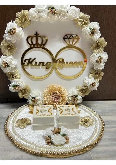 Mridang Wedding Ring Platter with King Queen Name Cutout for Engagement Ceremony Decorative Ring Plate