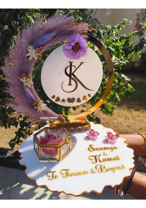 Unique Palette White Personalized Acrylic Engagement Wedding Ring Platter with Names and Logo
