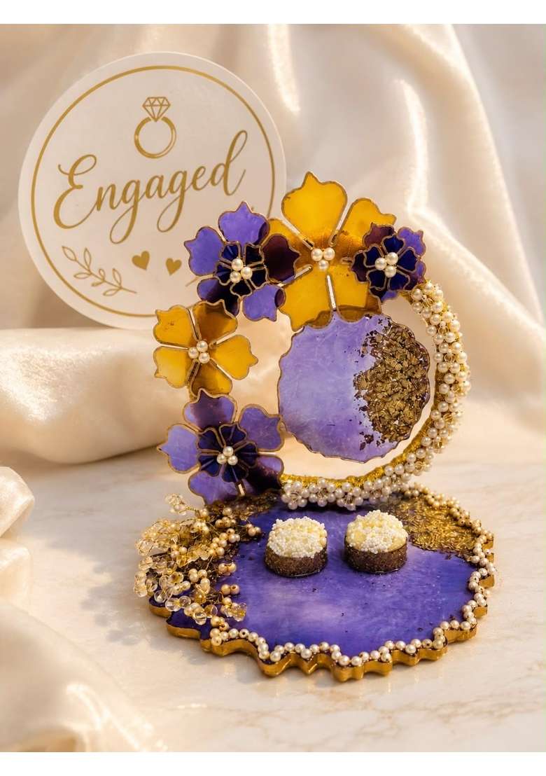 MK Craft Creation Engagement Ring Platter Handmade Purple and Gold Resin Platter with Floral and Pearl - Indya