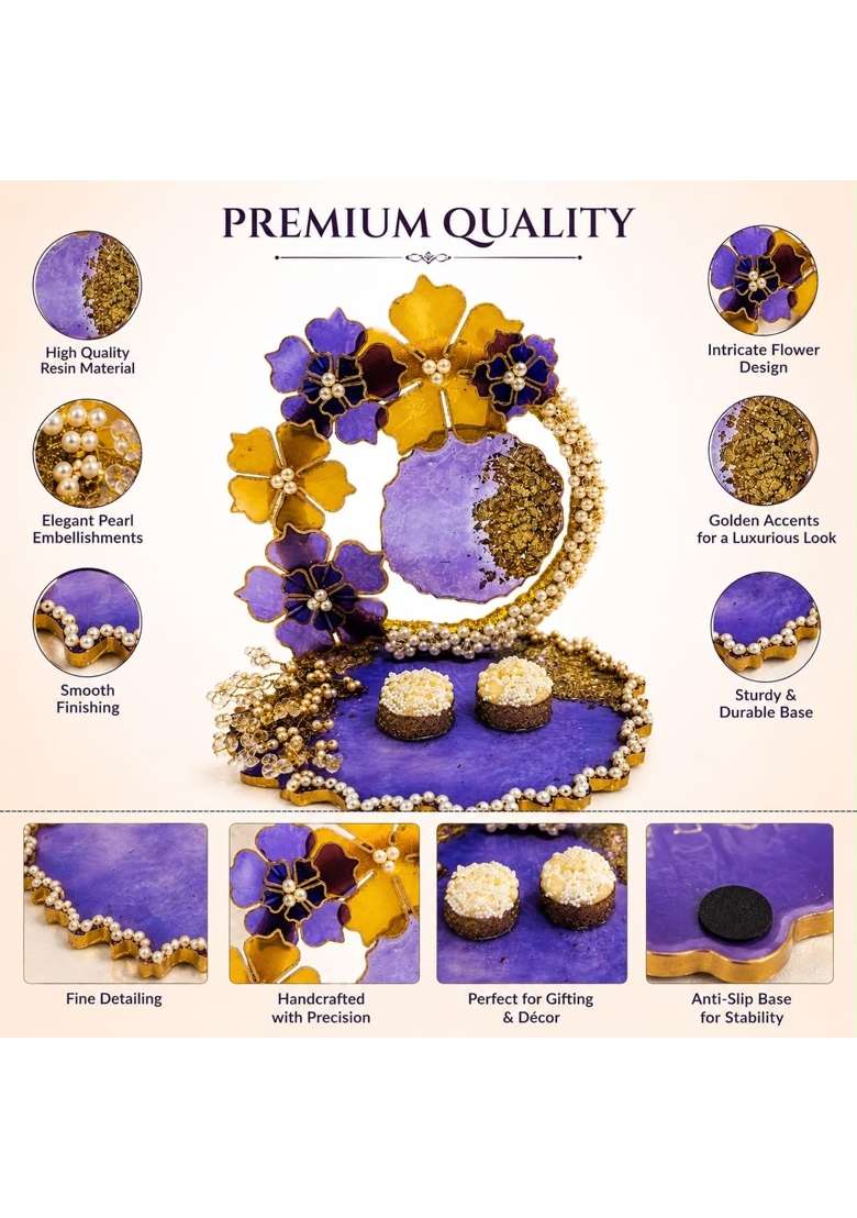 MK Craft Creation Engagement Ring Platter Handmade Purple and Gold Resin Platter with Floral and Pearl - Indya