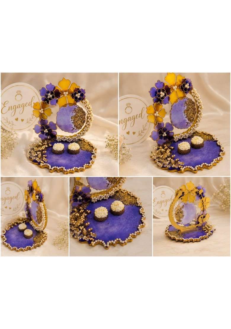 MK Craft Creation Engagement Ring Platter Handmade Purple and Gold Resin Platter with Floral and Pearl - Indya