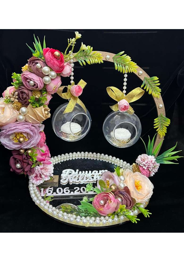 Mridang Multicolour Engagement Ring Platter with Acrylic Name of Groom and Bride - Indya