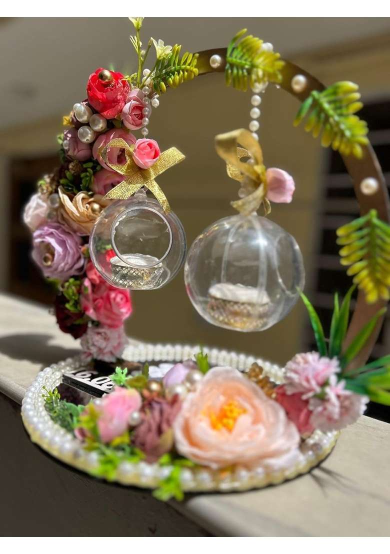Mridang Multicolour Engagement Ring Platter with Acrylic Name of Groom and Bride - Indya