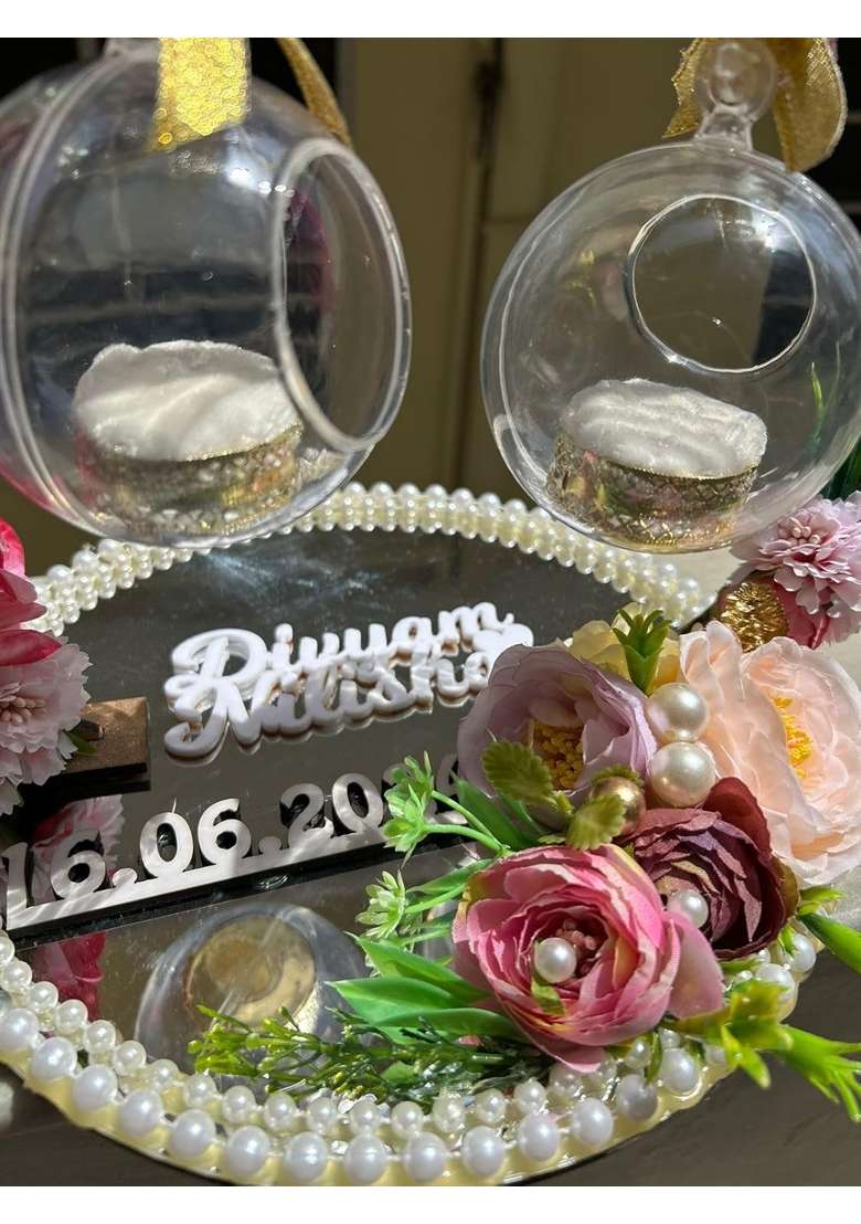 Mridang Multicolour Engagement Ring Platter with Acrylic Name of Groom and Bride - Indya