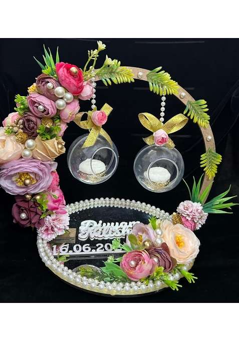 Mridang Multicolour Engagement Ring Platter with Acrylic Name of Groom and Bride