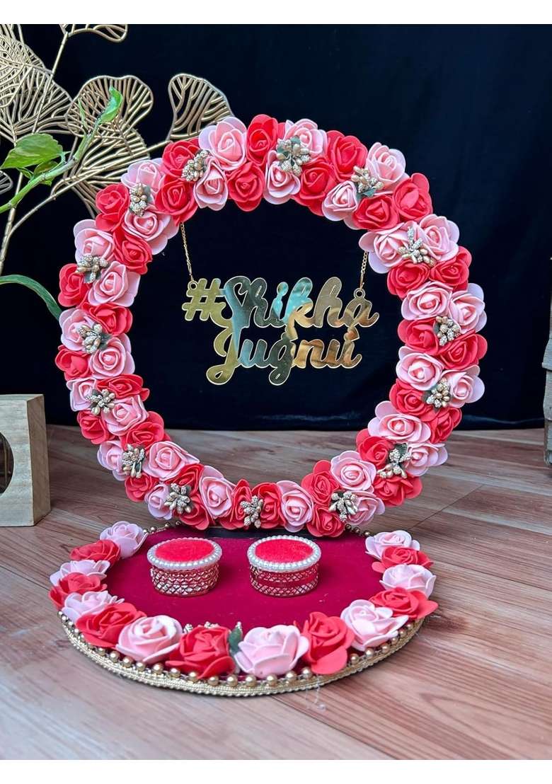Mridang Wedding Ring Platter for Engagement Ceremony Decorative Ring Serving Peach Red Color - Indya