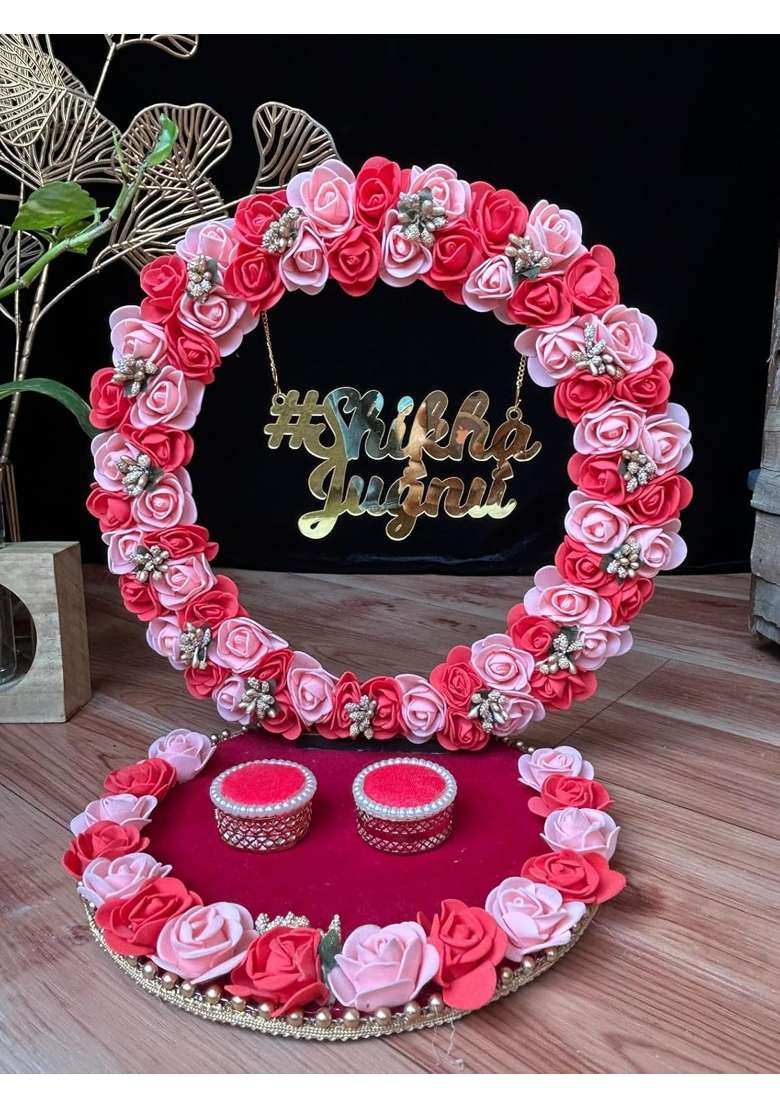 Mridang Wedding Ring Platter for Engagement Ceremony Decorative Ring Serving Peach Red Color - Indya