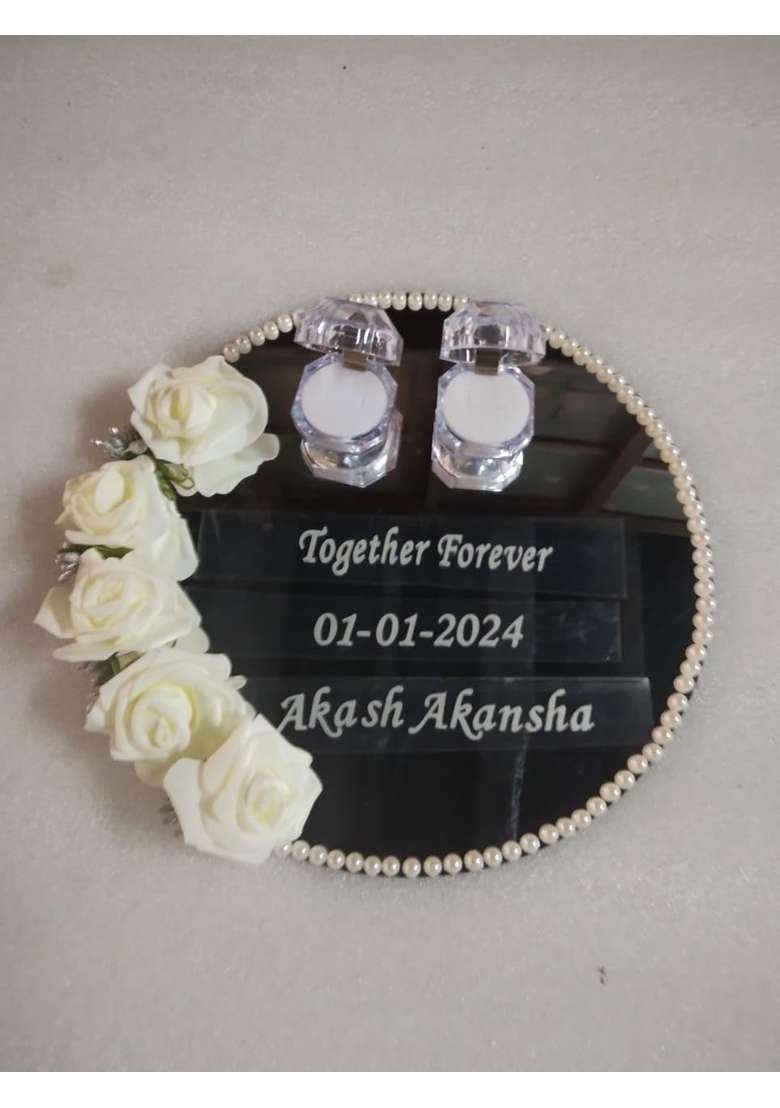 Rosina Engagement Platter for Ring Ceremony White Roses and Crystal Ring Box 25CM Diameter - Indya