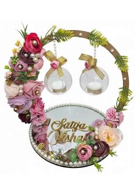 Mridang Multicolour Engagement Ring Platter with Acrylic Name of Groom and Bride